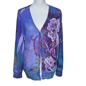 Cottage Colorful Spring Womens XL Beaded Cardigan Sweater Lightweight Floral